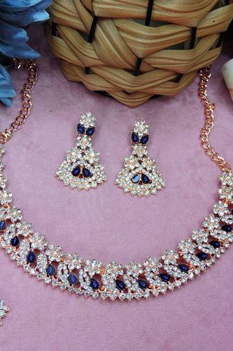 Blue color rhodium plating festive wear designer necklace set