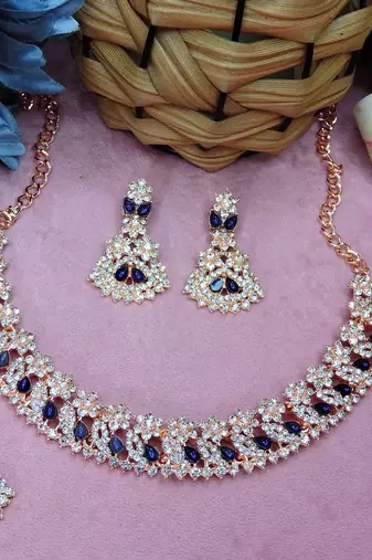 Blue color rhodium plating festive wear designer necklace set