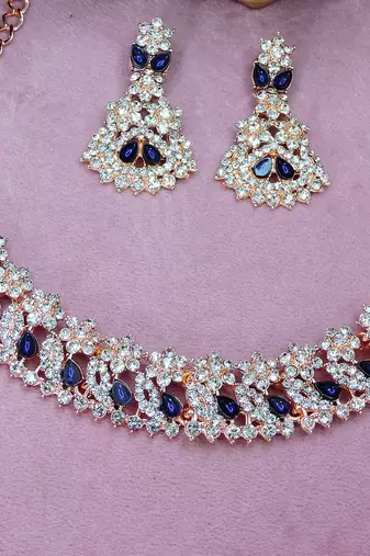 Blue color rhodium plating festive wear designer necklace set