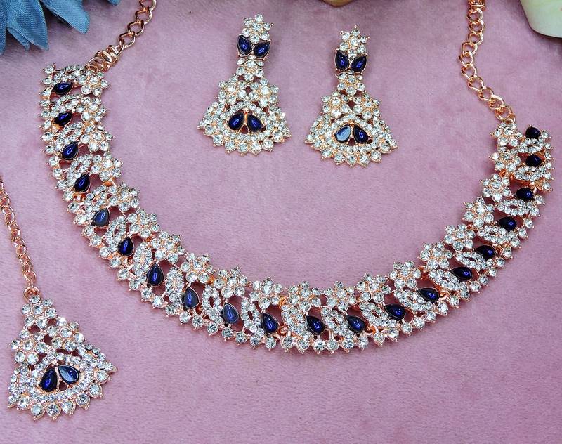 Blue color rhodium plating festive wear designer necklace set