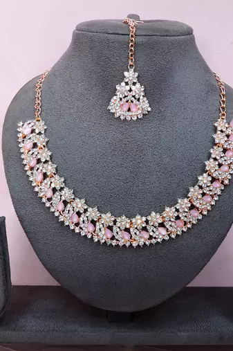 Pink color rhodium plating festive wear designer necklace set