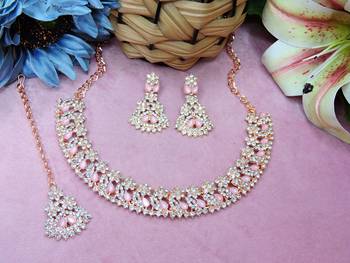Pink color rhodium plating festive wear designer necklace set 2