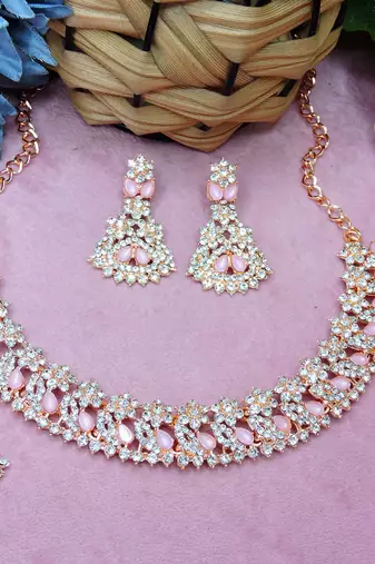 Pink color rhodium plating festive wear designer necklace set