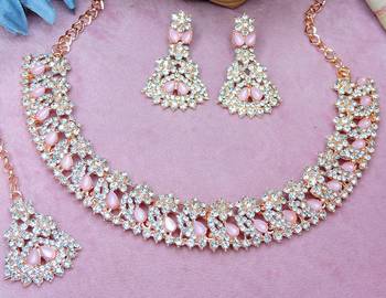 Pink color rhodium plating festive wear designer necklace set 3