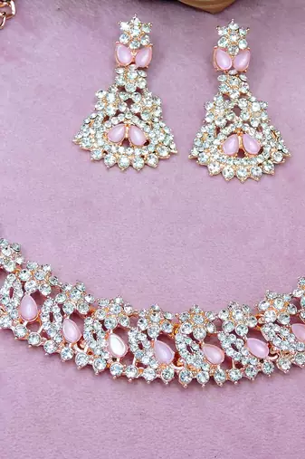 Pink color rhodium plating festive wear designer necklace set