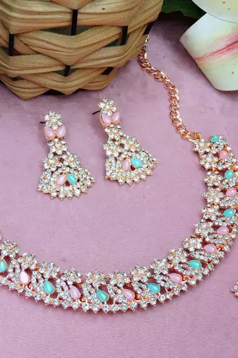 Green color rhodium plating festive wear designer necklace set