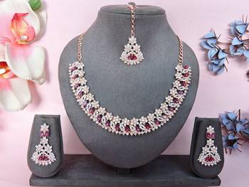 Pink color rhodium plating festive wear designer necklace set 1