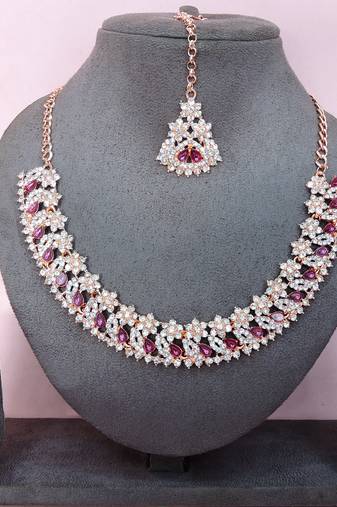 Pink color rhodium plating festive wear designer necklace set