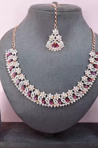 Pink color rhodium plating festive wear designer necklace set