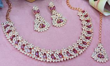 Pink color rhodium plating festive wear designer necklace set 2