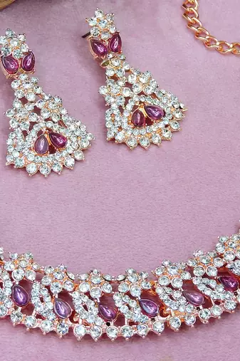 Pink color rhodium plating festive wear designer necklace set