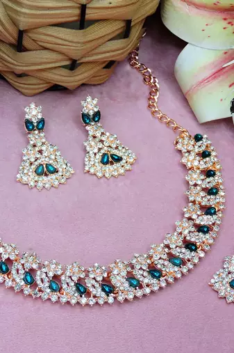 Green color rhodium plating festive wear designer necklace set