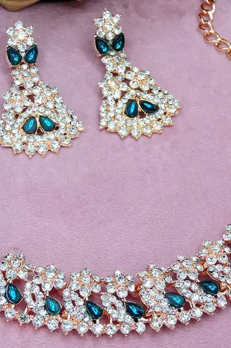 Green color rhodium plating festive wear designer necklace set