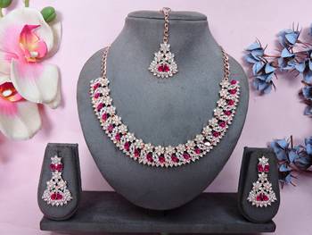 Pink color rhodium plating festive wear designer necklace set 1