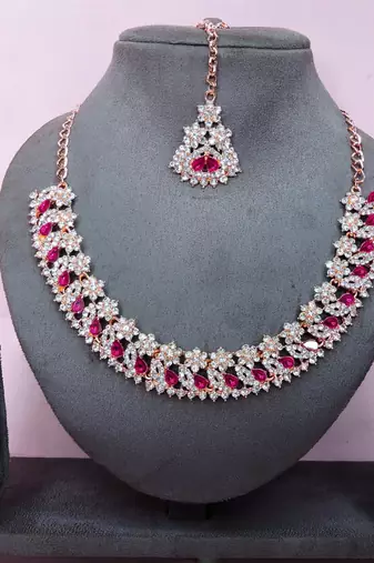 Pink color rhodium plating festive wear designer necklace set