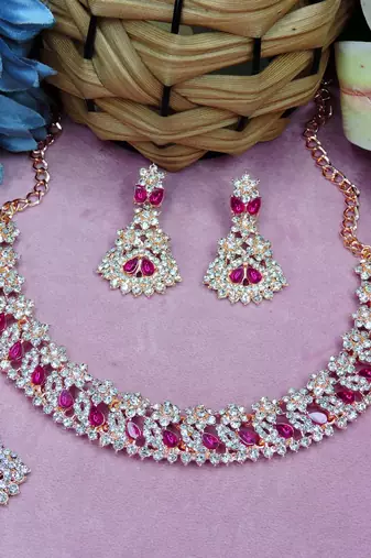 Pink color rhodium plating festive wear designer necklace set