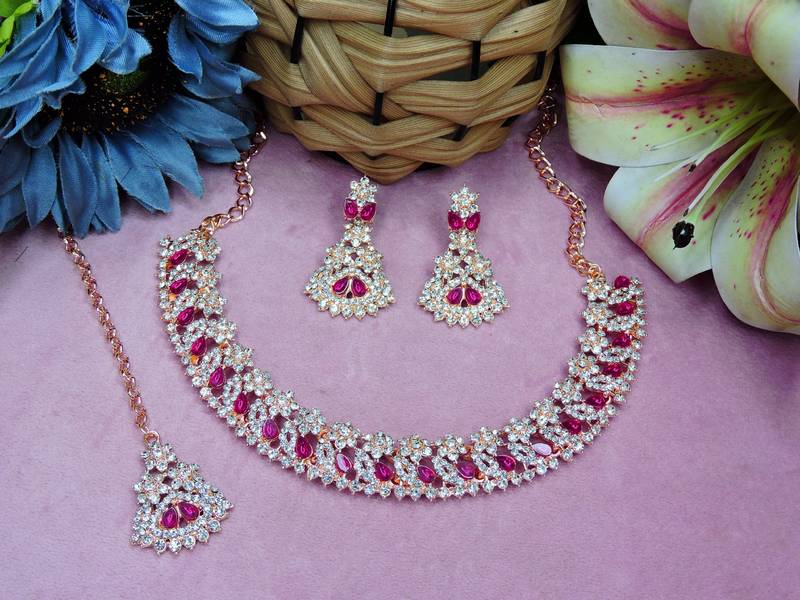 Pink color rhodium plating festive wear designer necklace set