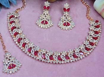 Pink color rhodium plating festive wear designer necklace set 3