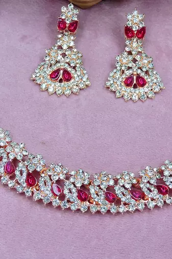 Pink color rhodium plating festive wear designer necklace set