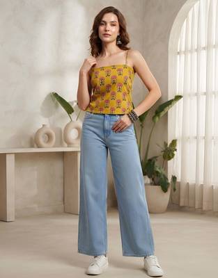 Yellow cotton printed top for women 1