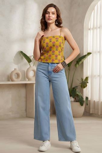 Yellow cotton printed top for women