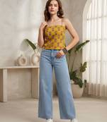 Yellow cotton printed top for women
