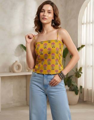 Yellow cotton printed top for women 2