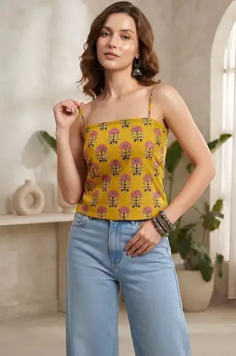 Yellow cotton printed top for women