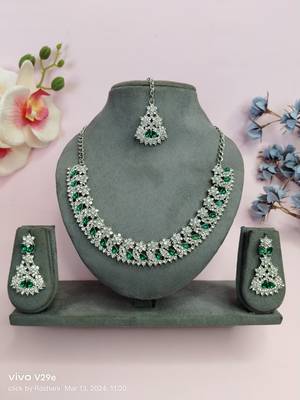 Green color rhodium plating festive wear designer necklace set 1