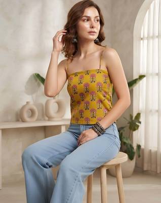 Yellow cotton printed top for women 4