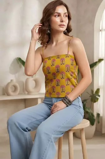 Yellow cotton printed top for women