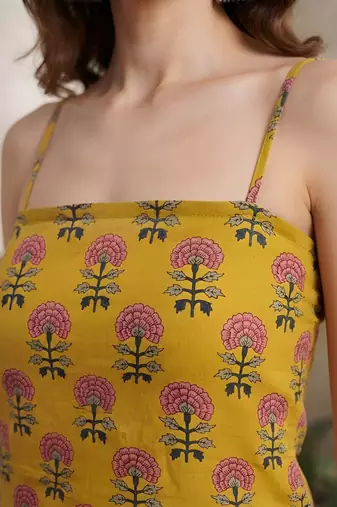 Yellow cotton printed top for women