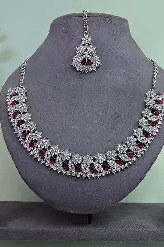 Maroon color rhodium plating festive wear designer necklace set