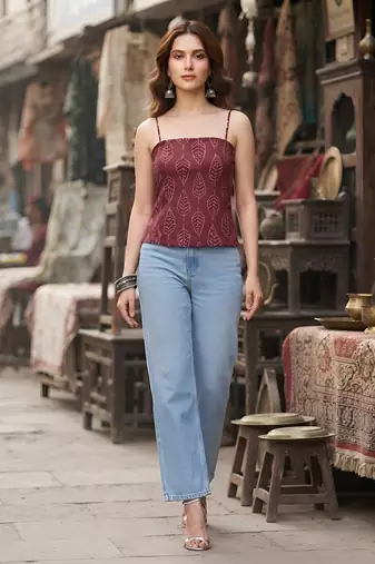 Burgundy cotton printed top for women