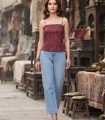 Burgundy cotton printed top for women