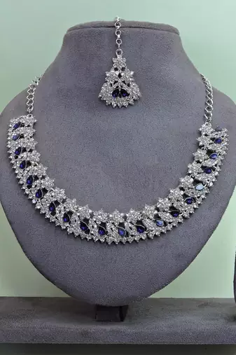 Blue color rhodium plating festive wear designer necklace set