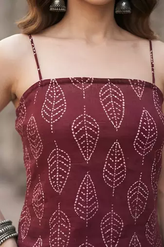 Burgundy cotton printed top for women