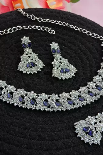 Blue color rhodium plating festive wear designer necklace set