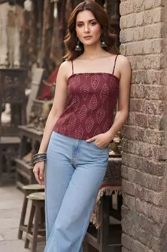 Burgundy cotton printed top for women