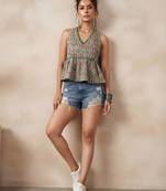 Green cotton printed top for women