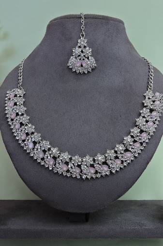 Pink color rhodium plating festive wear designer necklace set