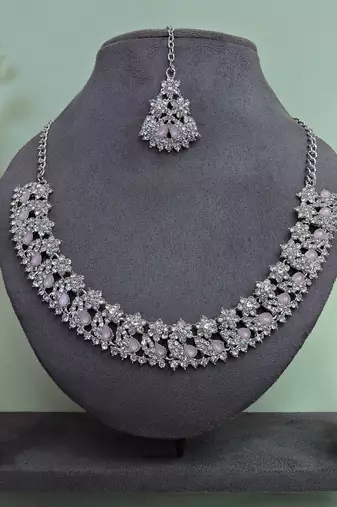 Pink color rhodium plating festive wear designer necklace set