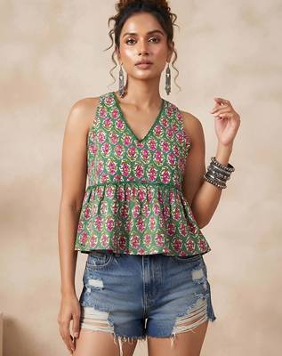 Green cotton printed top for women 2