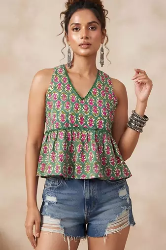 Green cotton printed top for women