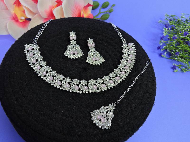 Pink color rhodium plating festive wear designer necklace set