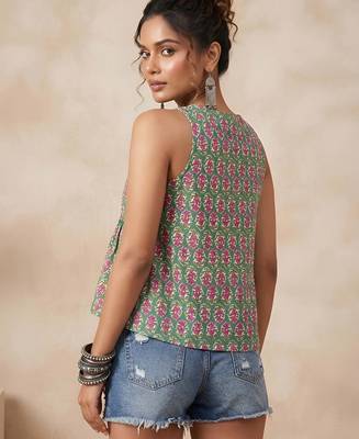 Green cotton printed top for women 3