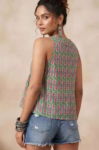 Green cotton printed top for women