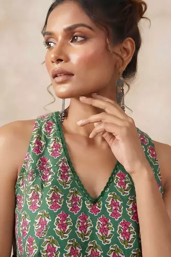 Green cotton printed top for women