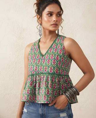 Green cotton printed top for women 5