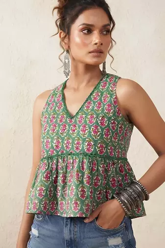 Green cotton printed top for women